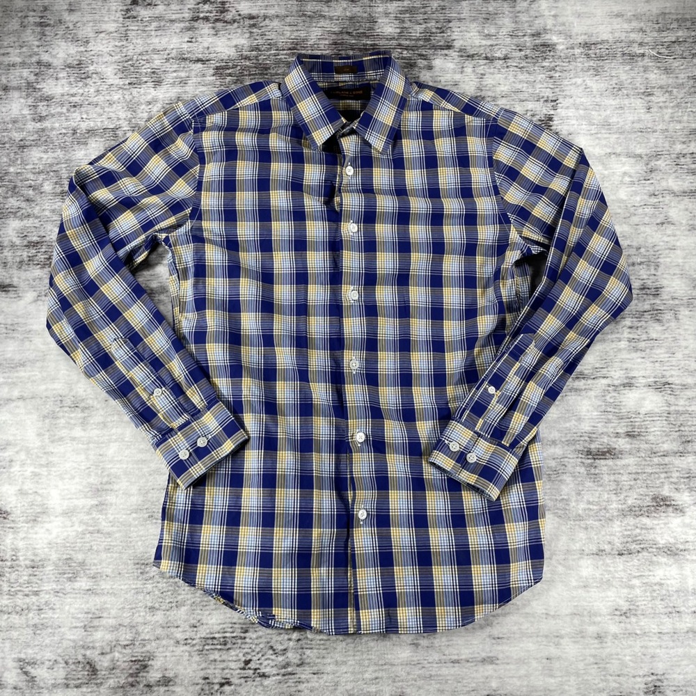Fairlane & Sons Mens Slim Fit Wrinkle Free Plaid Button Down Shirt Blue Yellow S